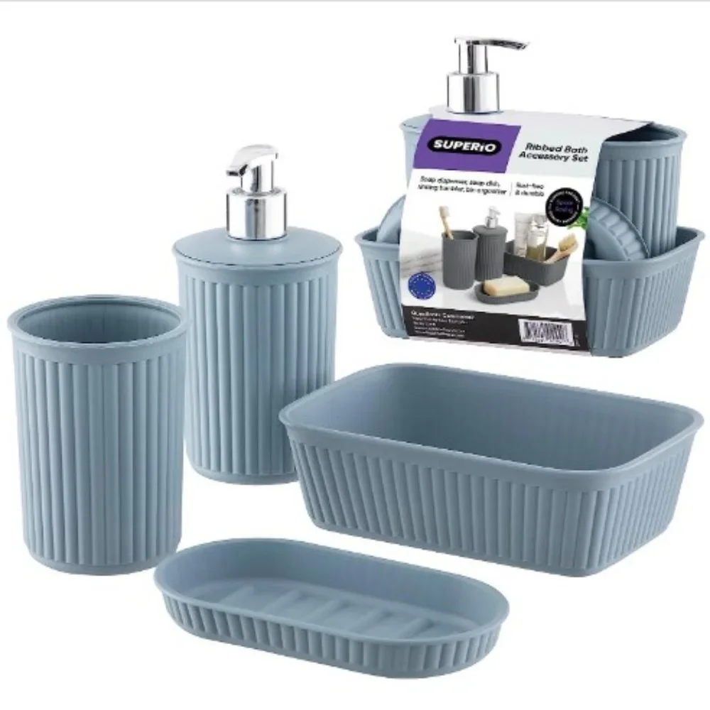 4 pc - Plastic Bathroom Accessory Set  (Blue)